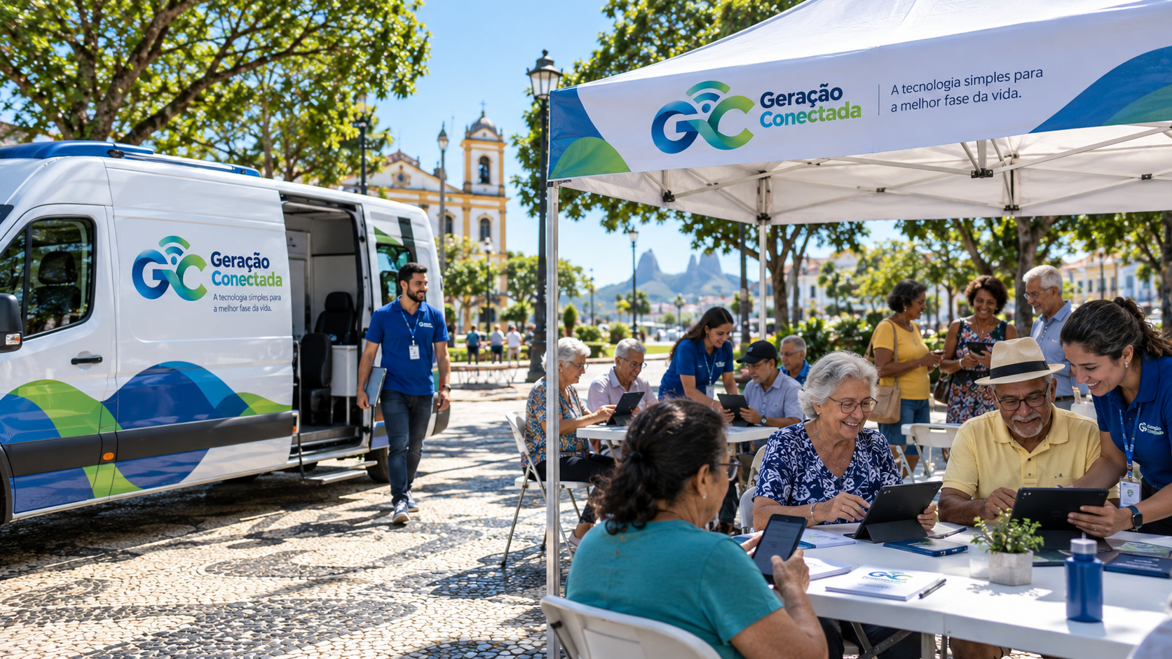Ação do Geração Conectada em uma praça, com equipe apoiando pessoas no uso de tablets